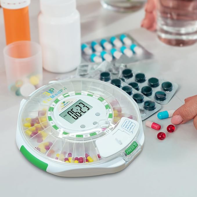 EziMedPil Bluetooth Automatic Pill Dispenser with App, Alarm, Light Alerts | Caregiver Tracks Adherence History on App, 28-Day Organizer with Clear Locked Lid & Clear LCD Monitoring Friendly for Seniors