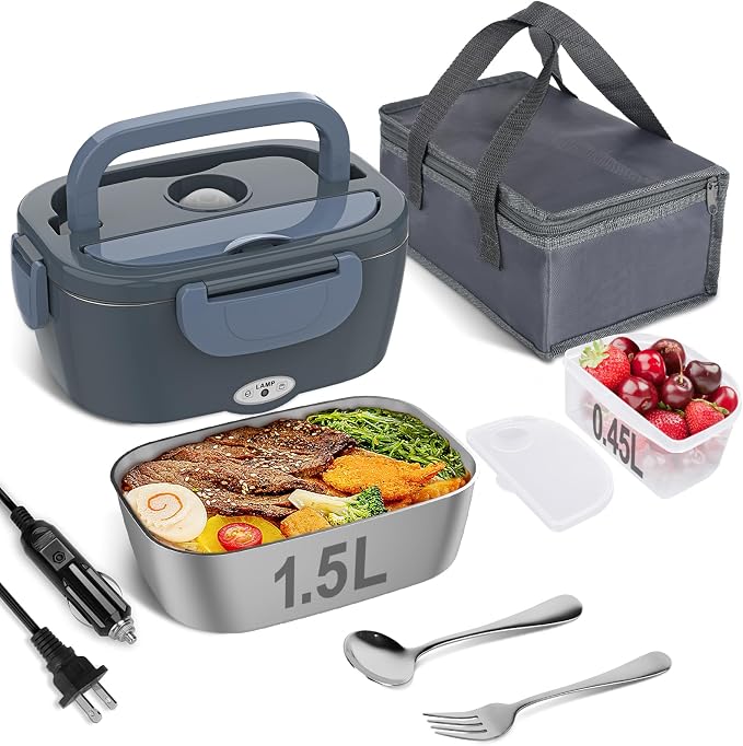 Vabaso Electric Lunch Box Food Heater, Electric Heating Lunch Boxes Lunch for Adults/Men/Car/Truck/Work, 1.5L Removable 304 Stainless Steel Container, 80W, 110V/12V/24V, with Fork & Spoon