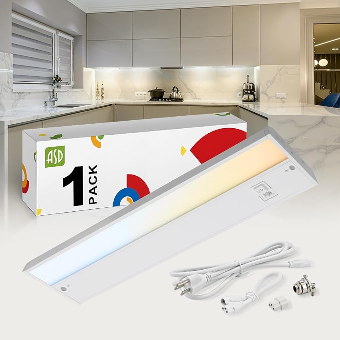 ASD LED Under Cabinet Lighting Plug in or Hardwired 18 Inch, Dimmable Under Cabinet Lights with High/Low/Off Switch, 3CCT 2700K-4000K, Linkable Under Counter Lights for Kitchen, ETL Listed, White