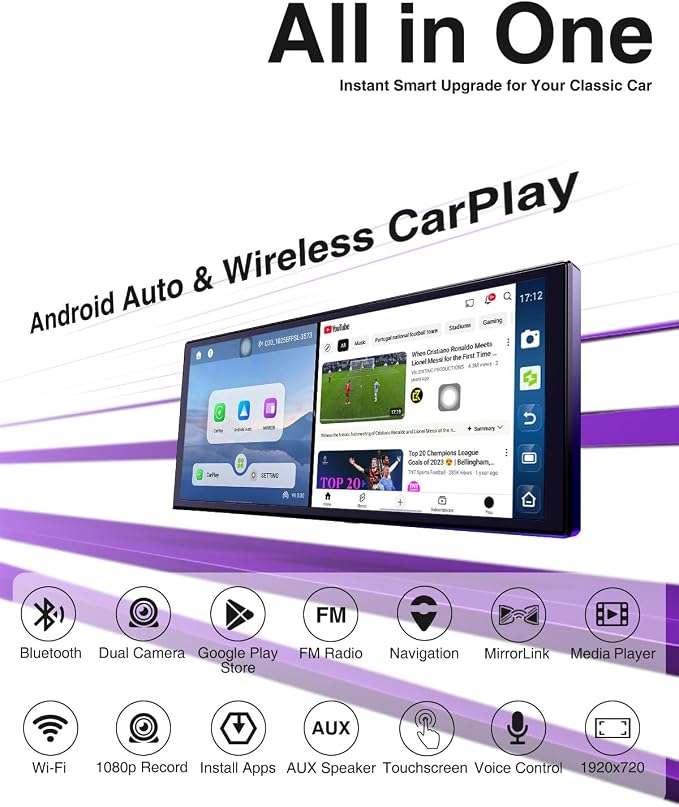 10.25″ CarPlay Screen with Dashcam & Apps, Built-in Google-Play & 6GB+128GB, Portable Android Auto Display 1920x720, Dual 1080P DVR, Wireless Bluetooth, Supports Steering Wheel Controls