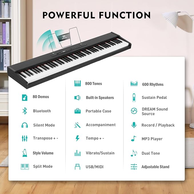 MUSTAR Digital Piano 88 Key Weighted with Stand, 88 Key Semi Weighted Keyboard Piano MEP-900, Portable Electric Piano Keyboard 88 Keys with Bluetooth Connection, Case, Sustain Pedal, MDF, Black