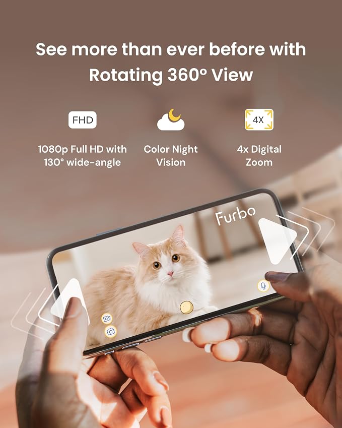 Furbo 360° Cat Camera: Basic See, Talk & Toss Features, No AI Alerts, No Subscription Required, Pet Security Cam w/Meowing Alerts, Rotating View, Treat Toss, 2-Way Audio, Smart Home Kitty Monitoring