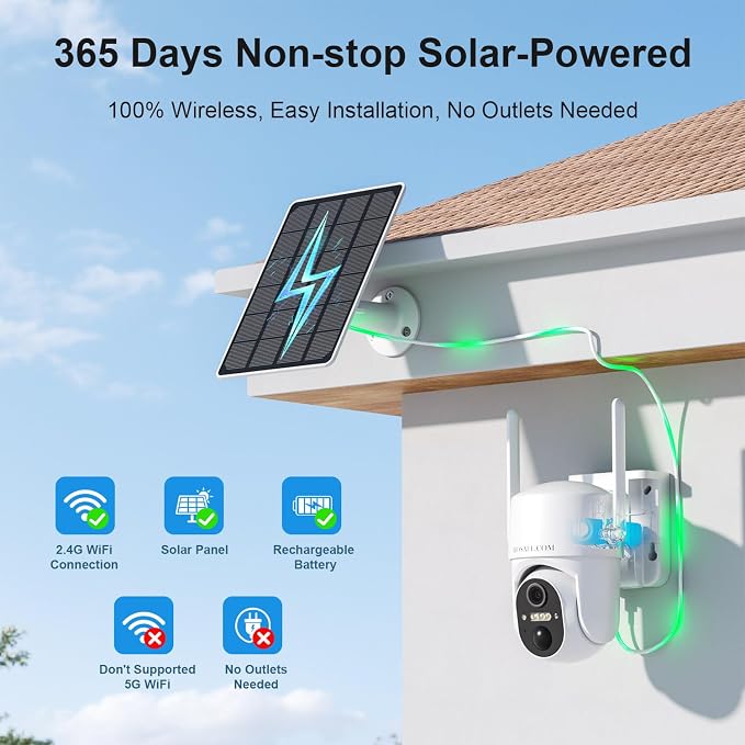 Solar Security Cameras Wireless Outdoor, Free Cloud Storage, WiFi Cameras for Home Security, 360° View Outdoor Camera Wireless, 2K Color Night Vision, AI Motion Detection, Instant Alert, 2-Way Audio