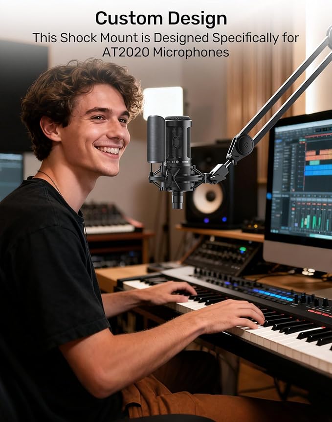 AT2020 Microphone Shock Mount with Metal Pop Filter, [Custom Built for audio technica Mic] Anti-Vibration Suspension Shockmount Holder Clip Compatible with AT2020USB+ AT2035 ATR2050 AT3035 AT3060