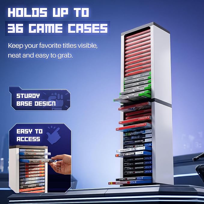 TNP Universal Video Game Storage Tower for PS5, PS4, PS3, Nintendo Switch, Xbox One, Xbox Series S/X - White Video Game Holder Organizer Stand with 36 CD Case Storage for Organizing & Displaying