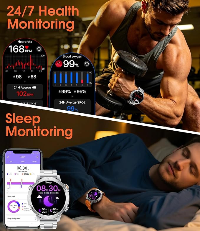 SUNKTA Military Smart Watches for Men,1400mAh Battery Smart Watch with Flashlight,1.7" HD Screen 5ATM Waterproof Fitness Tracker Smartwatch with 110+ Sport Modes,for iOS Android(2 Bands/Silver)
