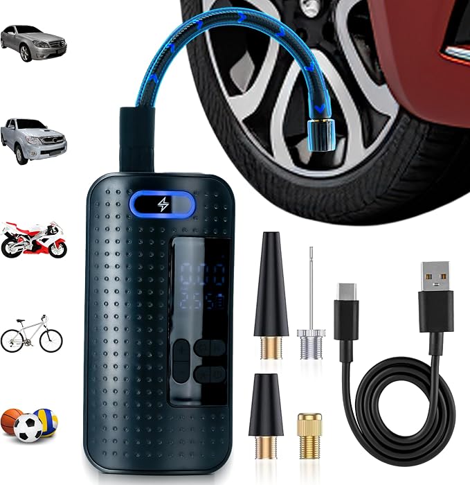Regalosonline Portable USB Rechargeable Electric Inflator – Mini Digital Air Compressor with LCD Display for Car, Motorcycle, Bicycle & Balls Compact Pump 150 PSI y 2000 mAh for tires and inflatables