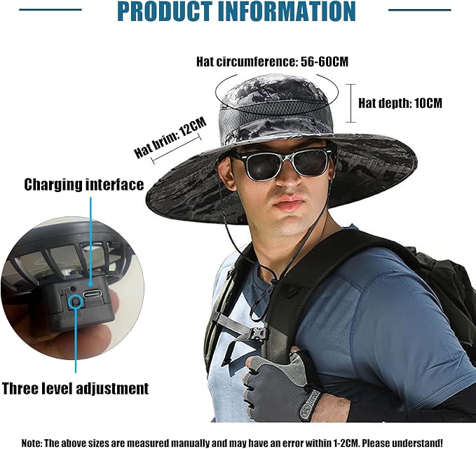 Waterproof Solar Fan Hat, Fishing Hat with Fan for Men, 3-Speed Setting,Waterproof Outdoor Fishing Hat