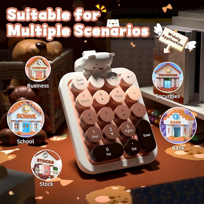 FELICON Cute Wireless Numeric Keypad with Silicon Bear,18-Key Colorful Round Keycaps,Ergonomic,2.4GHz Wireless Connection,Portable Financial Accounting Numpad Membrane Keyboard for PC,Laptop(Milk Tea)