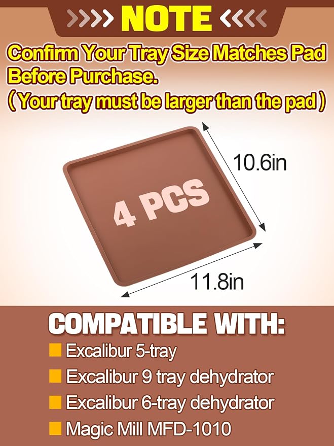 4PCS Silicone Food Dehydrator Sheets with Edge, Compatible with Cosori 12" x 11" Trays, Square Non-stick Tray Liner, High Temperature Resistance Reusable Dryer Mats
