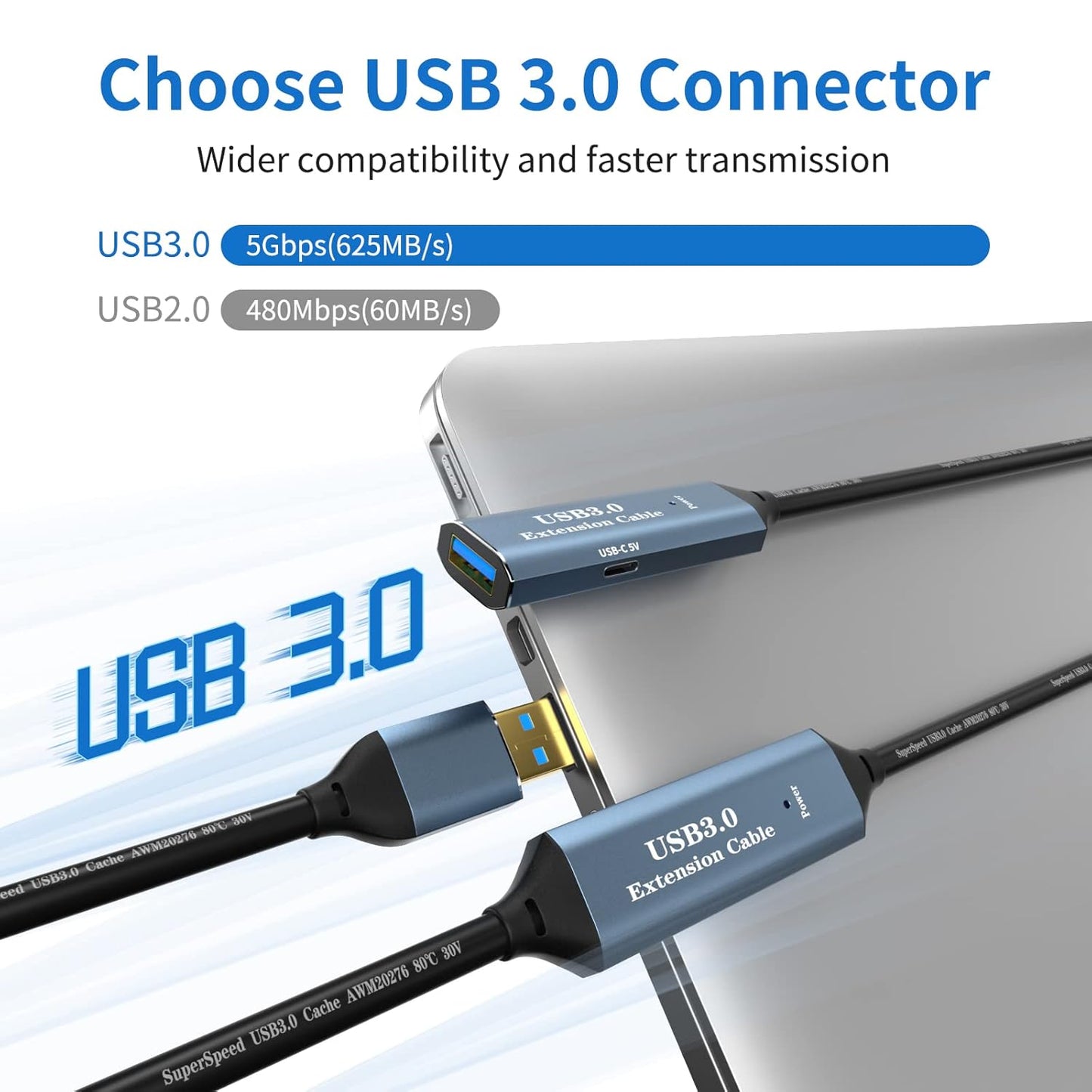 USB 3.0 Extension Cable 80FT Type A Male to Female Active Extender Cord with 4 Extension Chipsets Signal Booster and 1 USB-C Charging Port, for Webcam, PlayStation, Printer, Camera