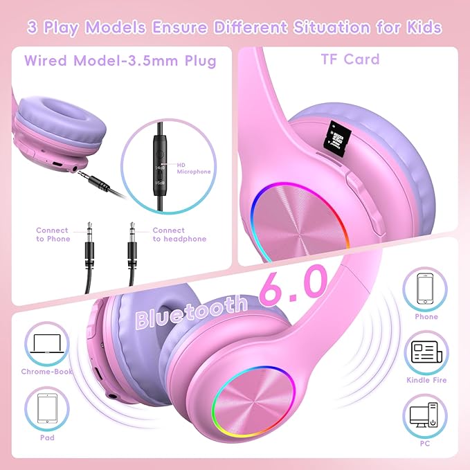Candy Bila Kids Bluetooth 6.0 Headphones with LED Light, 85Hours Playtimes, Type-C Fast Charging, 85/94dB Volume Limited, Comfort Wireless Headphones with Built-in Mic, Wired & TF Card Mode, Pink