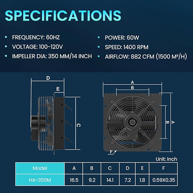 HG Power Upgraded 14 Inch Shutter Exhaust Fan, 882CFM High-Speed Vent Fan, 1400RPM Wall Mounted Attic Fan with Steel Mesh Screen for Shed, Garage, Greenhouse Ventilation, Black