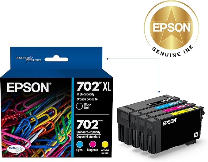Epson 702 DURABrite Ultra Ink High Capacity Black & Standard Color Cartridge Combo Pack (T702XL-BCS) Works with Workforce Pro WF-3720,3730,3733,(Pack of 2)