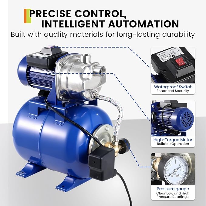 Garvee 1.6 HP Shallow Well Pump with Pressure Tank, 1320 GPH, Water Jet Irrigation Pump, Automatic Pressure Switch, Stainless Steel, for Home, Farm, Garden & Yard, Blue