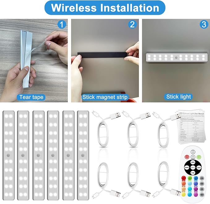 Under Cabinet Lighting Wireless with Remote, 48 LED Rechargeable Under Cabinet Lights, Kitchen Counter Lights Dimmable LED Closet Light RGB Bar for Shelf, Car, Hallway, 15 Color Changing, 6 Pack