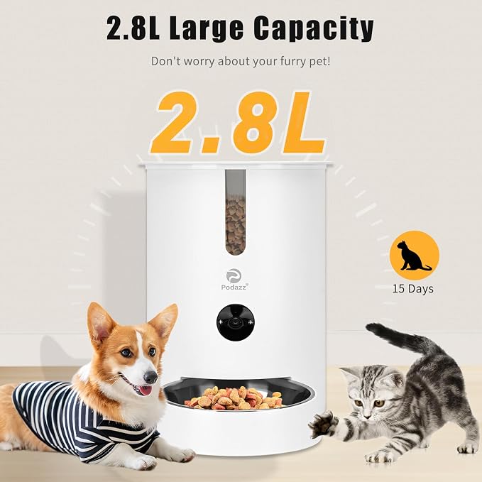 Automatic Cat Feeders, Podazz 1080P HD Camera Timed Auto Cat Dog Feeder with Smart App, 5G WiFi Dry Food Dispenser 2-Way Audio, Voice Recorder, Night Vision, Non-Stick Food Bowl (White)