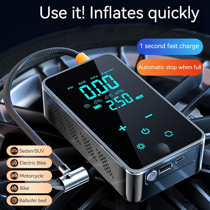 Portable Tire Inflator Portable Air Compressor, Dual Display 150PSI Rechargeable Air Pump for Car Tires, Bike, Motorcycle & Balls