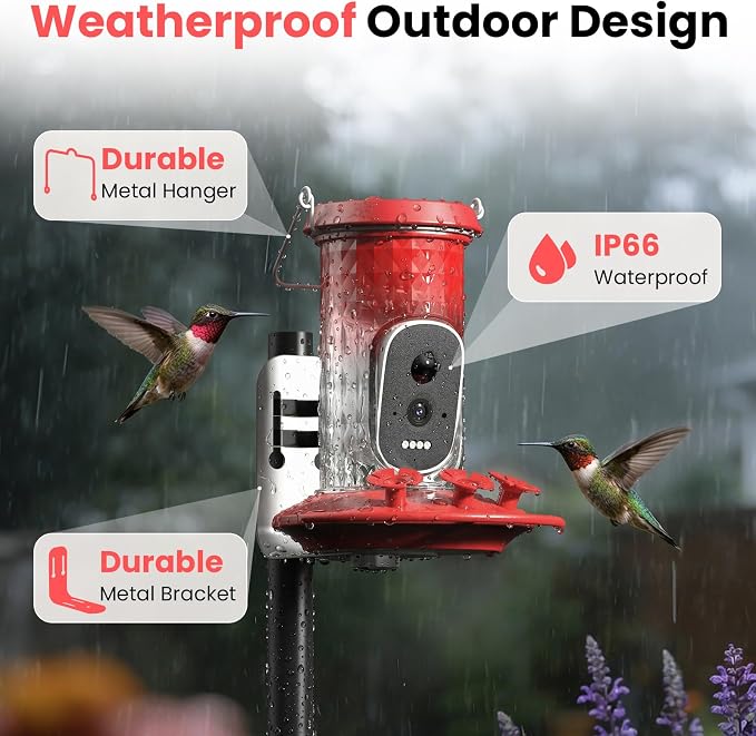 Smart Hummingbird Feeder Camera with AI Identification, 2.5K HD & Color Night Vision, Solar Powered Outdoor, IP66 Weatherproof – Garden Decor & Premium Gift