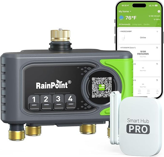 RAINPOINT WiFi Sprinkler Timer 4 Zone, 2027 New Version Outdoor Smart Water Timer for Garden Hose with Brass Inlet&Outlet, Custom Programs via APP/Voice Control (Lime Green, 4 Zone)