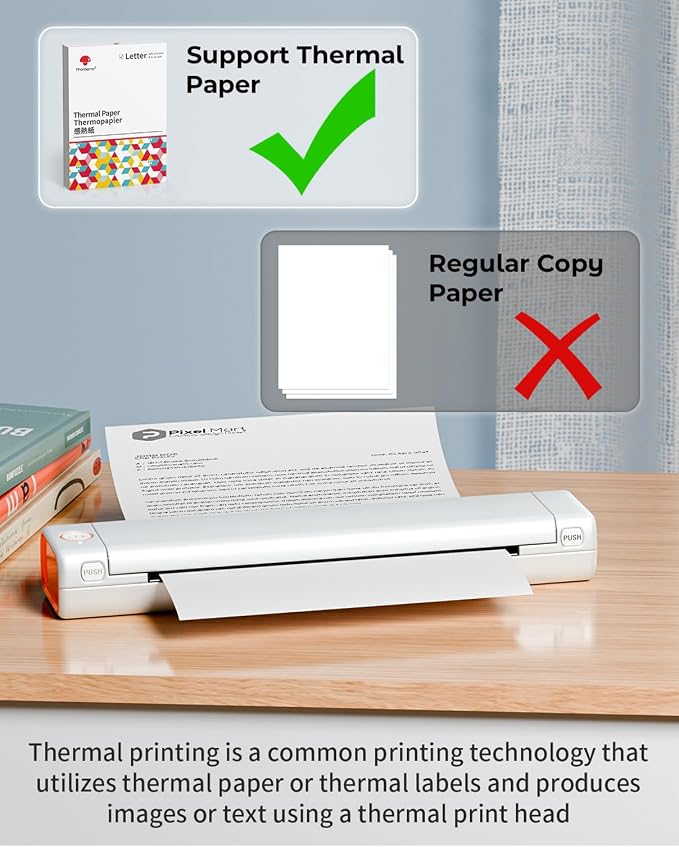 Phomemo Portable Printers Wireless for Travel, M08F Thermal Bluetooth Printer Support for 8.5"x11" US Letter, Inkless Printer Compatible with iOS, Android,White,1 Printer + 10 Sheets of Thermal Paper