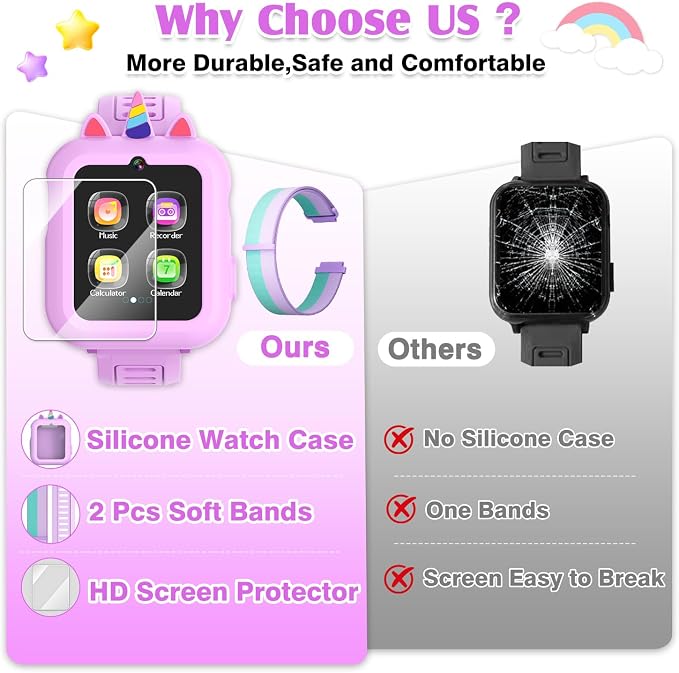 Smart Watch for Kids with 39 Games,Camera,Video,Music Player,Recorder,Alarm,Pedometer,Flashlight,Stopwatch,HD Touch Screen,Borthday Gift Toy for Girls Ages 3-12(Purple)