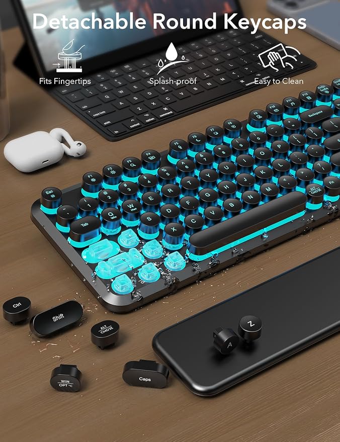 Wireless Keyboard and Mouse Backlit - Typewriter Keyboard with Magnetic Wrist Rest, Retro Round Keys, Light Up Letters, 2.4GHz Cordless Combo for Mac, Windows, PC, Laptop, Trueque CK23Pro [Upgraded]