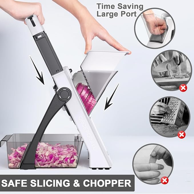 QYKIC Upgrade Safe Mandoline Slicer Biger, Adjustable Vegetable Chopper Potato Slicer, Detachable, Dishwasher Safe Kitchen Chopping Artifact for Meal Prep (BlackWhite)