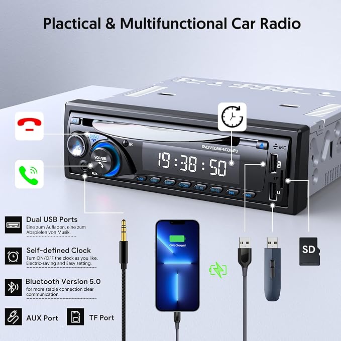 Car Radio Bluetooth with CD DVD Player, Wistrue Single Din FM/AM Car Stereo with CD Player, Support 2 USB/SD/AUX/7 Colors/Fits 9-24V Vehicles