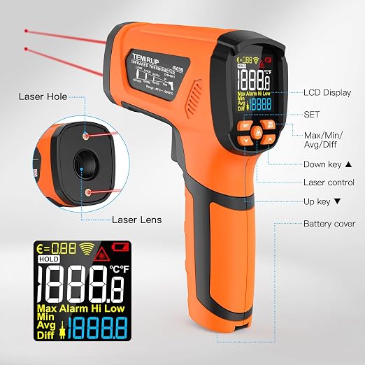 Infrared Thermometer Temperature Gun, -40℉-3632℉, High Temp Thermometer with Thermocouple Probe, Non-Contact 50:1 Pyrometer Dual Laser Thermometer Gun for Engine, Kiln, Forging, Industrial