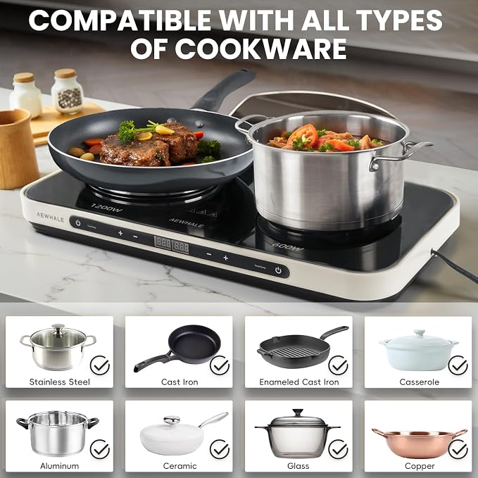 AEWHALE Countertop Double Burners with Removable Griddle Pan Non-stick,1200W+600W Electric Hot Plate with Sensor Touch for Adjustable Temperature/Time