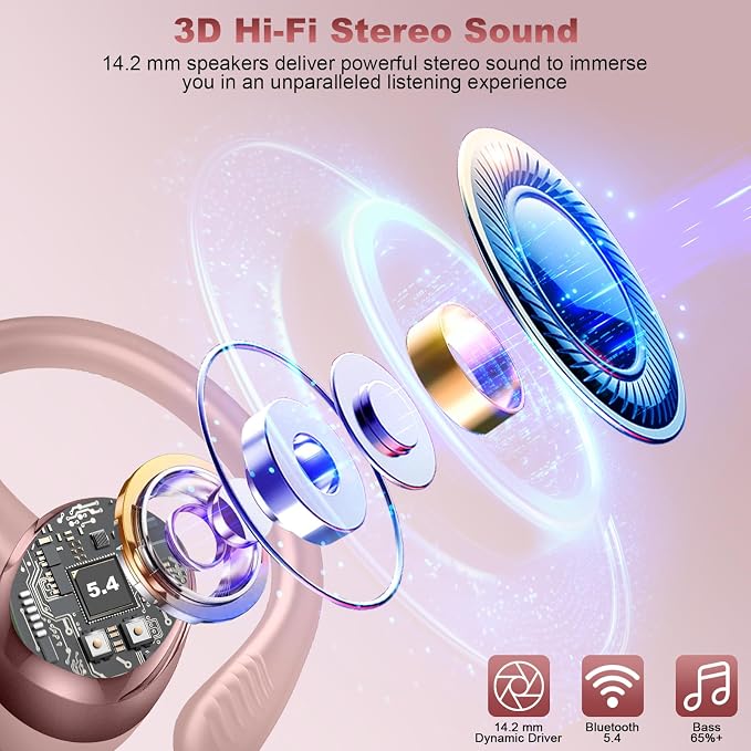 Hupoaf Wireless Earbuds Sport, NEW Bluetooth 5.4 Headphones with Earhooks, 50H Stereo Deep Bass Over Ear Buds with 4 ENC Noise Canceling Mics, IP7 Waterproof Earphones for Running Workout Gym -Pink