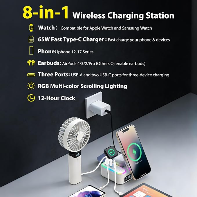 65W 8-in-1 Wireless Charging Station for Apple Samsung Multi-Devices, 3-Ports USB A/C Retractable Charger Stand/Desktop Orgnaizer for iPhone17/16/Galaxy 26/iPad/iWatch AirPods for Home Office, Family