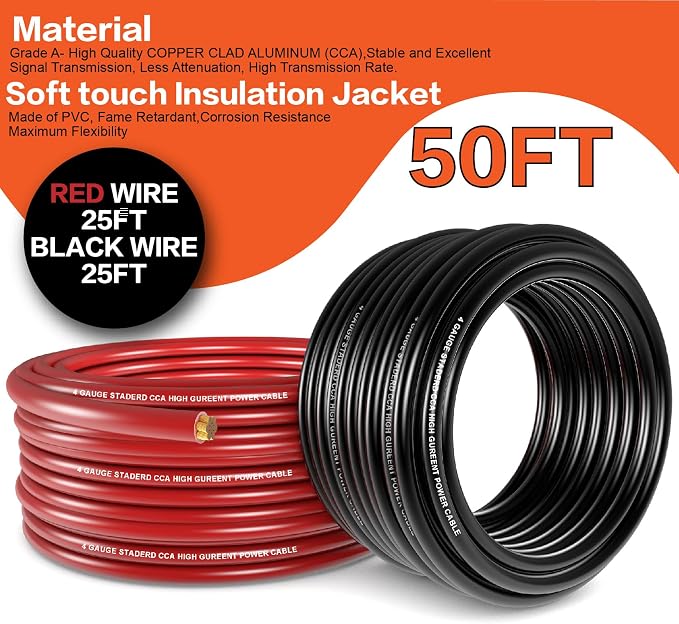 4 Gauge Wire (25ft Each - Red/Black) Copper Clad Aluminum CCA - Primary Automotive Wire,Battery Power/Ground Cable, 20PCS Lugs Terminal Connectors,20PCS 3:1 Heat Shrink Tubing with 100A ANL Fuse