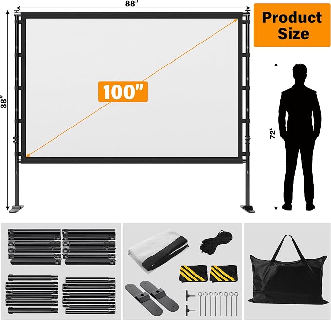 Outdoor Projector Screen with Stand 100 Inch, 16:9 Portable 4K HD Indoor Movie Screen, Large Double-Sided Washable Screen with Carry Bag, Sandbags for Backyard, Camping, Home Theater