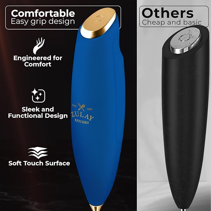 Zulay Kitchen Powerful Milk Frother Wand With Duracell Batteries - Ultra Fast Handheld Drink Mixer - Electric Whisk Foam Maker for Coffee, Lattes, Cappuccino & Matcha - Triple Whisk - Prussian Gold