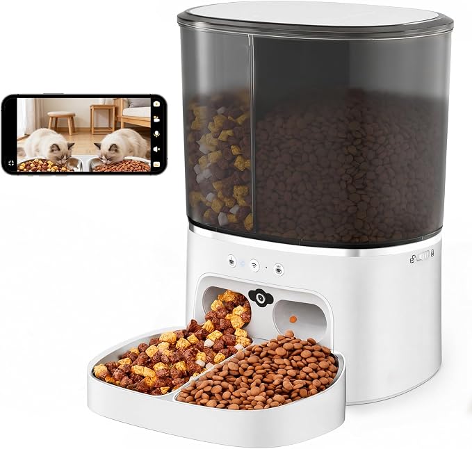 Automatic Cat Feeder 5G/2.4GHz Dual-Band WiFi Built-in HD Camera & Night Vision Two-Way Audio Calling APP Remote Control | Up to 10 Timed Feedings Per Day 8L Capacity Washable Parts (White)