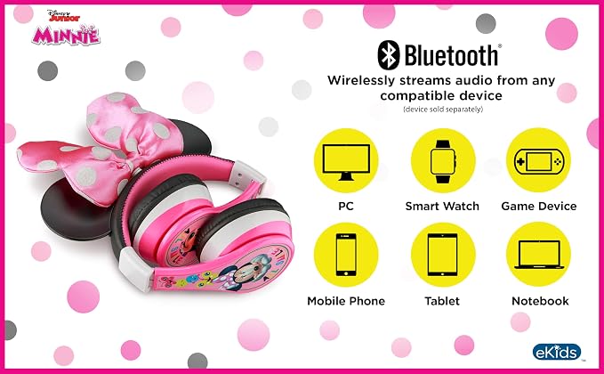 eKids Minnie Mouse Kids Bluetooth Headphones, Wireless with Microphone Includes Aux Cord, Volume Reduced Foldable Headphones for School, Home, or Travel, Pink