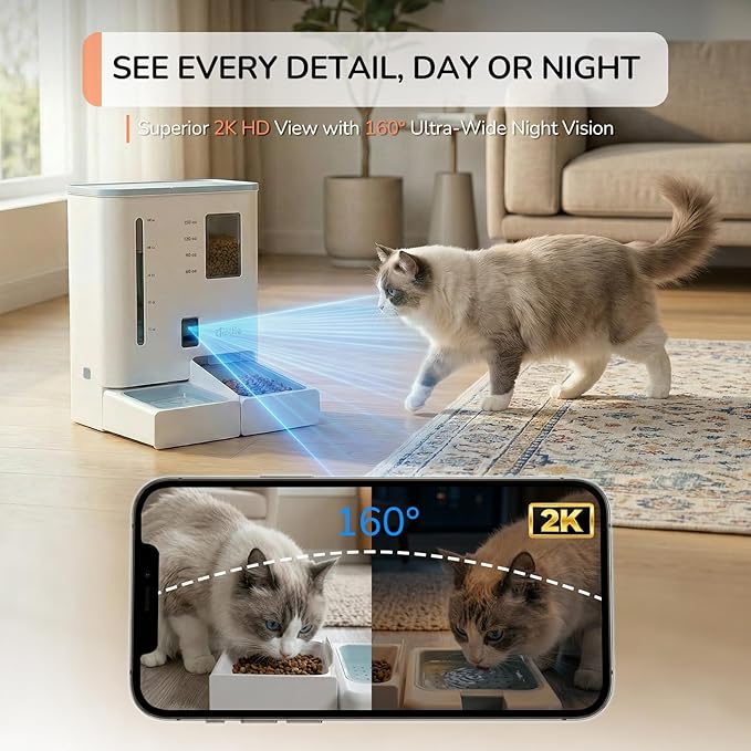 iPettie FW54 Camera Version Automatic Cat Feeder and Water Dispenser, 5G/2.4GHz WiFi App Control, 2K HD Video with Night Vision, Replaceable Water Filter, 300oz Large Capacity for 2 Weeks