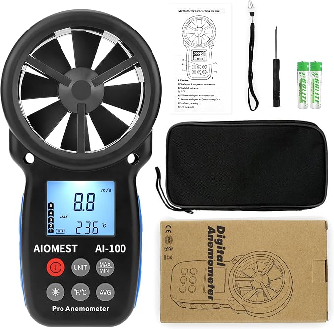 AIOMEST Digital Anemometer, Handheld Wind Speed Meter AI-100, Airflow Gauge Measures Air Temperature ℃/℉ Velocity for HVAC with Wind Chill Backlight
