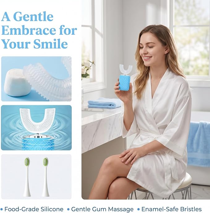 Sonic Electric U Shaped Toothbrush for Adults, Automatic Full Mouth Cleaning Toothbrush, 360° Stain Removal, IPX7 Waterproof Rechargeable, 3 U-Shape & 2 Straight Brush Heads
