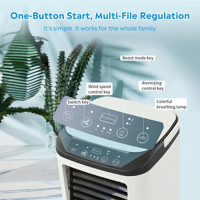 Portable Air Conditioners, Evaporative Air Cooler with 2 Mist & 3 Speed/Boost Mode, 7 Color Light, 900ml Large Tank & Icebox, Personal Air Conditioner AC Cold Fan for Bedroom Office Desk Car