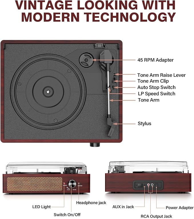 Vinyl Record Player with 2 Stereo Speakers Belt-Driven Vintage Turntables 3 Speed 3 Size Wireless Bluetooth Playback AUX-in RCA Out Headphone LP Vinyl Players Auto Stop Red Wood