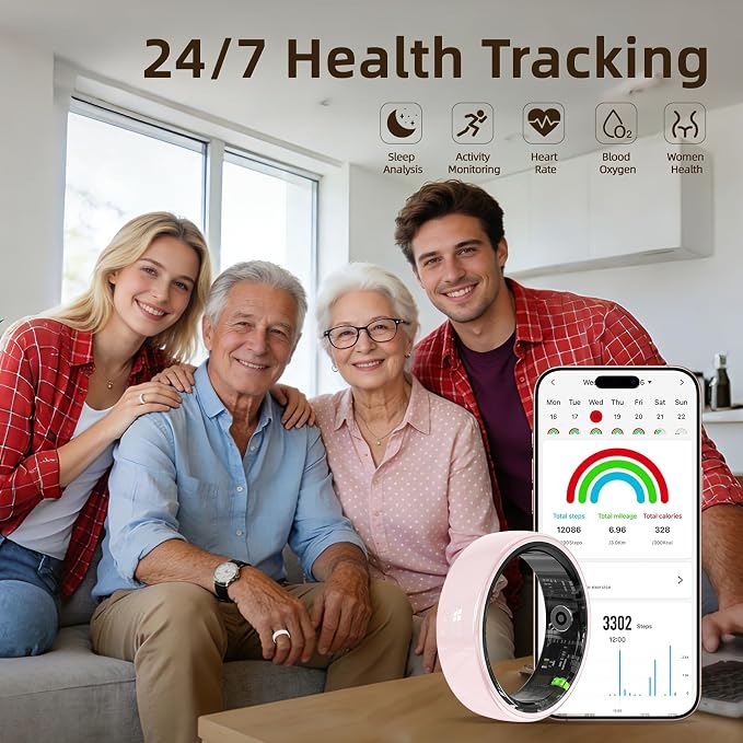 Ceramic Smart Ring, Advanced Health & Fitness Tracker with Heart Rate, Blood Oxygen, Sleep Monitoring, 5ATM Waterproof, Long-Lasting Battery, Remote Camera Control, for Android & iOS (Pink, 8)