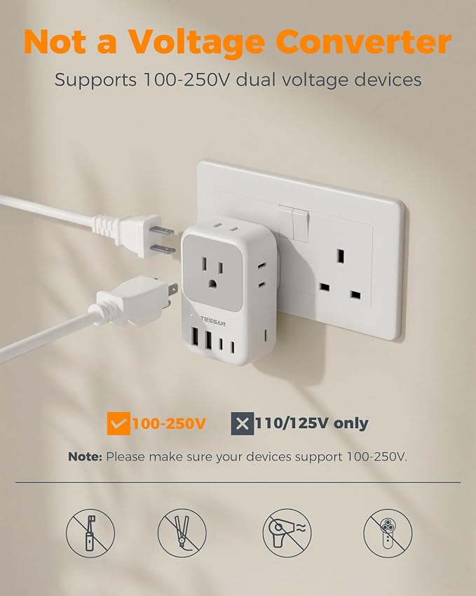 Type G Adapter for Travel 28W, TESSAN US to UK Plug Adapter with 4 Outlets 5 USB Ports (3 USB-C), Power Outlet Adaptor for USA to Ireland England London British Scotland Hong Kong Kenya, 2 Packs