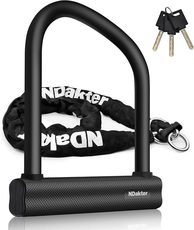 NDakter Bike Locks Heavy Duty Anti Theft 18mm Thick, Motorcycle U Lock with 4FT x 6mm Security Chain, 3Keys Large U-Shape Electric Bicycle Wheel Lock for Ebike, Escooter, Fat-Tire Dirt-Bike, Tricycle