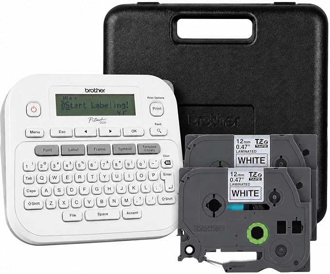 Brother P-Touch PTD220 Portable Label Maker Bundle for Home & Office Organization with Carry Case and TZe-231 Black on White Laminated Tape (2-Pack)