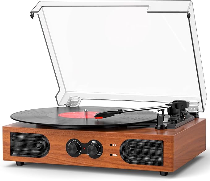 Vinyl Record Player with Built-in Stereo Speakers, 3-Speed Belt-Drive Turntable, Treble & Bass Control, RCA-Out/AUX-in, Headphone Jack Vintage LP Player, Red Wood