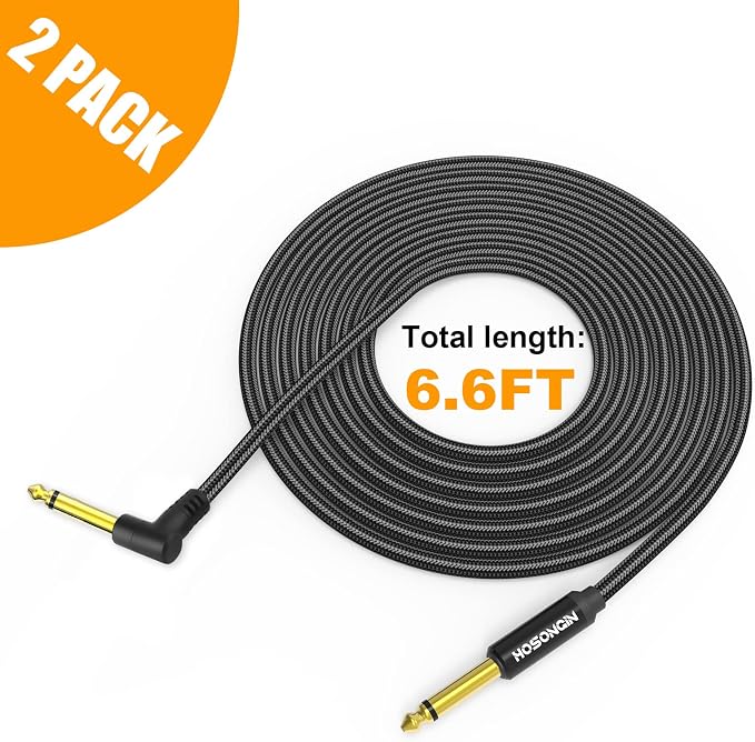HOSONGIN Guitar Cable 6.6 feet 2 Pack - 1/4 Inch Electric Instrument Cable Bass AMP Cord for Electric Guitar, Bass Guitar, Electric Mandolin, Pro Audio - Black Nylon Braided, 24K Gold Plated Plug