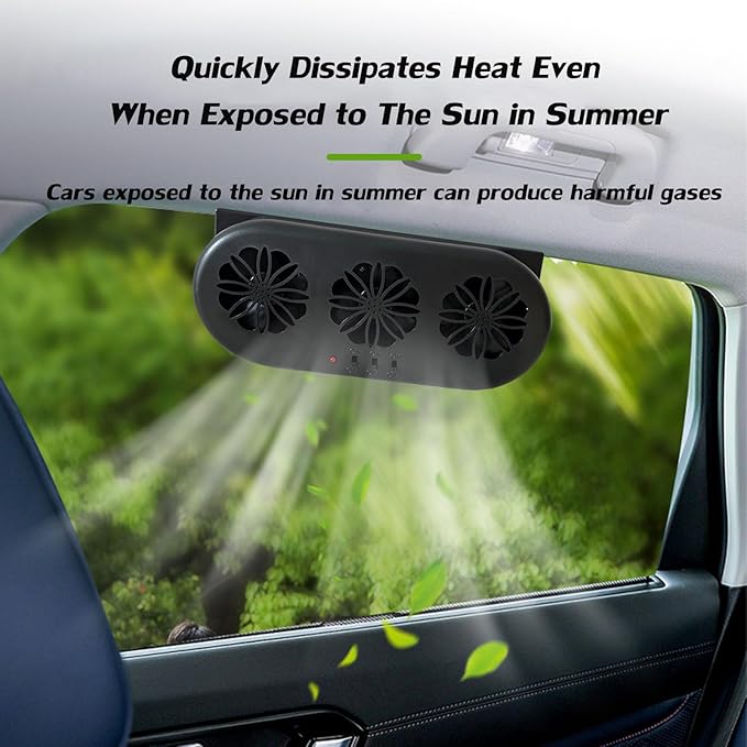 Solar-Powered Exhaust Fan for Car Windows - Vehicle Ventilation with 3 Air Outlets (Black)
